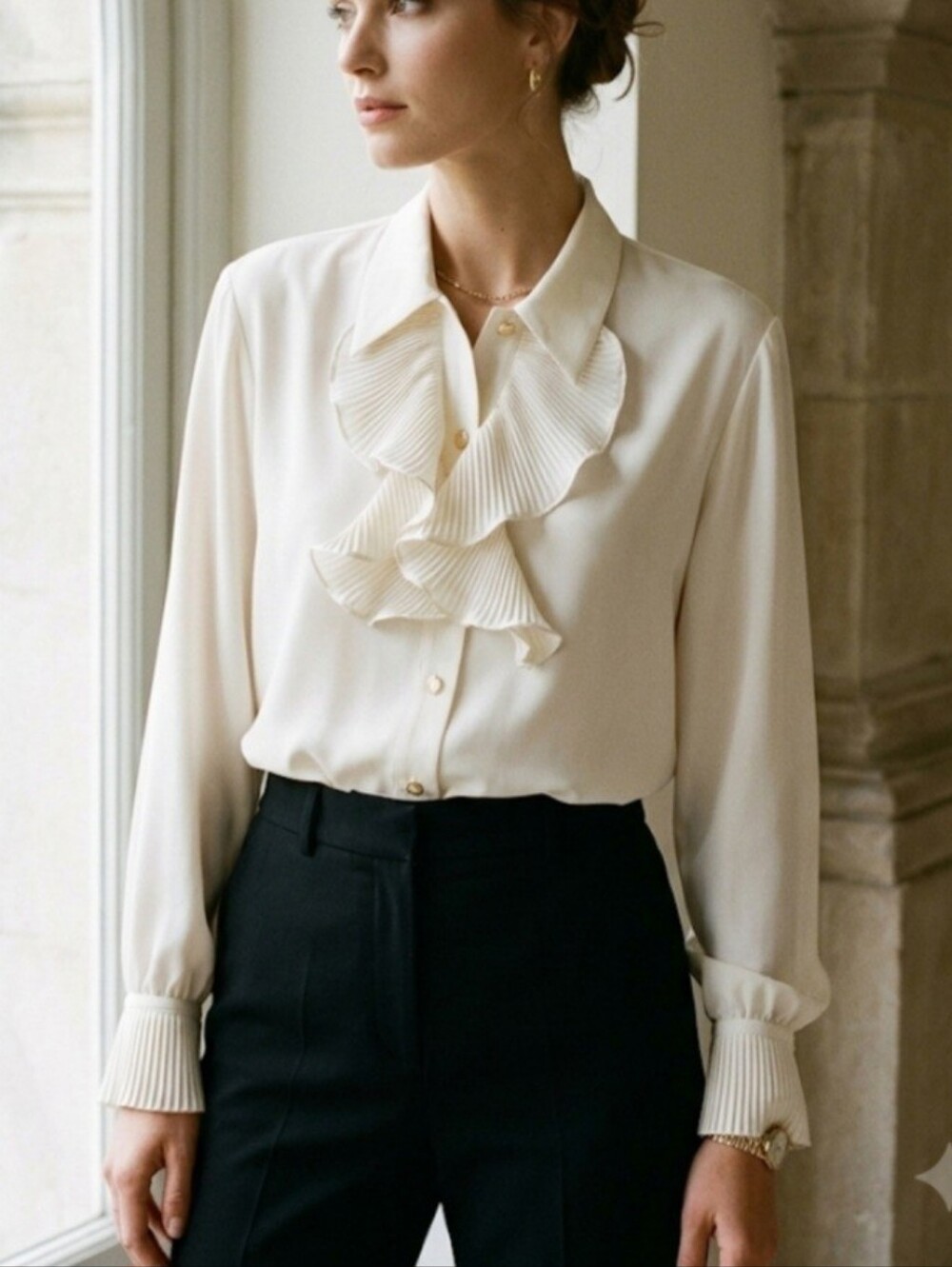Christie & Jill Vintage Ruffle Front Secretary  Blouse in Ivory 20W Made inKorea